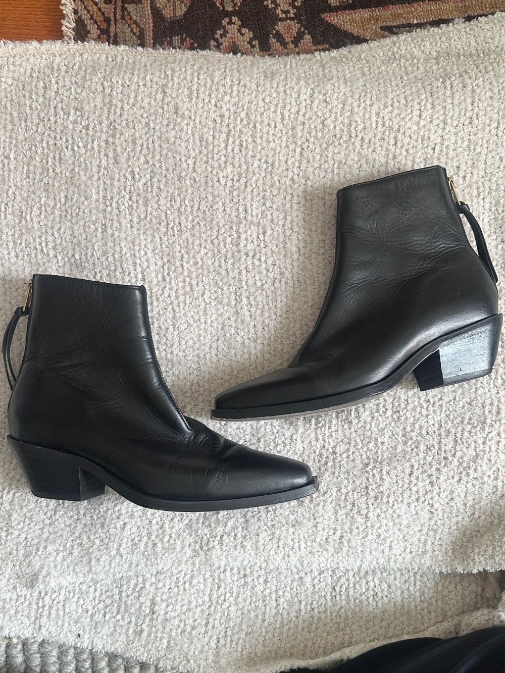 AllSaints Lenora Black Leather Ankle Booties with Low Block Heel